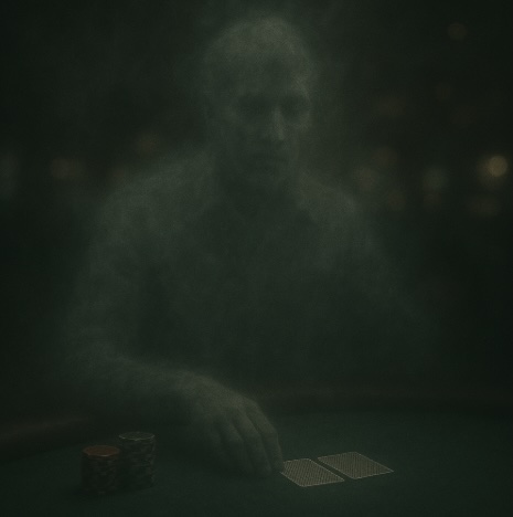 A dark and mysterious image of a ghost like figure playing at a live dealer table