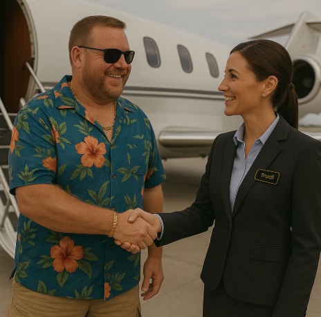 An image of a man dressed in a hawaiian shirt and cargo shorts with chunky jewellery being greeted by a host at the stairs up to a private jet