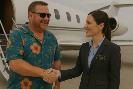 An image of a man dressed in a hawaiian shirt and cargo shorts with chunky jewellery being greeted by a host at the stairs up to a private jet