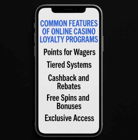 An image of a mobile phone on a black background outlining COMMON FEATURES OF ONLINE CASINO LOYALTY PROGRAMS