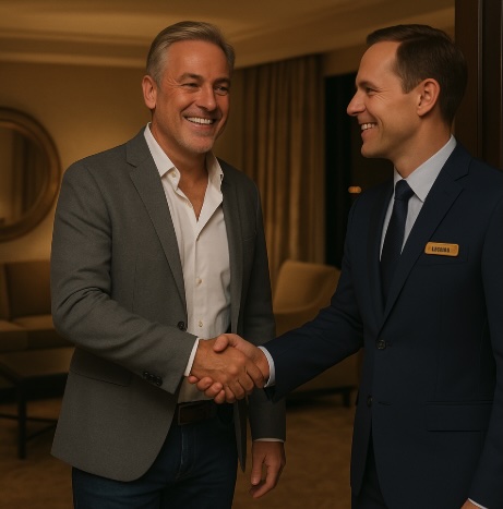 An image of a smartly dressed man being greeted by a casino host to his five star suite