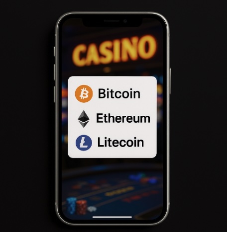 An image of a mobile phone on a black background, on the screen it says BITCOIN, ETHEREUM & LITECOIN with their matching icons