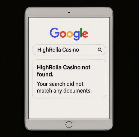 An image of an ipad on a black background, on the screen is a google search result for a fake casino that can no longer be found in search results