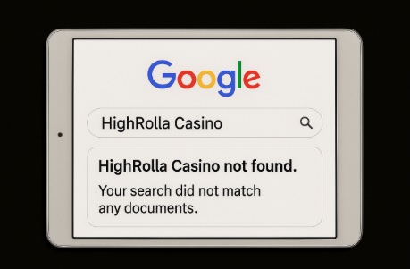 An image of an ipad on a black background, on the screen is a google search result for a fake casino that can no longer be found in search results