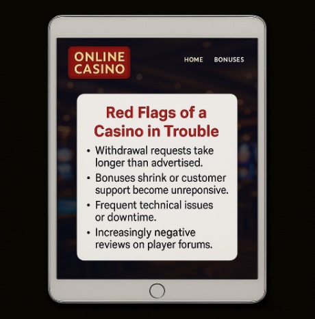 An image of an ipad on a black background, on the screen it outlines RED FLAGS OF A CASINO IN TROUBLE