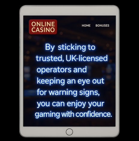 An image of an ipad on a black background, on the screen it outlines to keep an eye out for warning signs and enjoy gaming with confidence