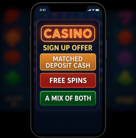 An image of a mobile phone on a dark background with 3 casino sign up offers listed on the screen