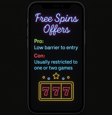 An image of a mobile phone on a black background, on the screen it outlines a pro and con of free spin offers with a slot reel at the bottom