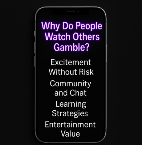 An image of a silver mobile phone on a black background, on the screen it outlines WHY PEOPLE WATCH OTHER GAMBLE in bold white and purple text
