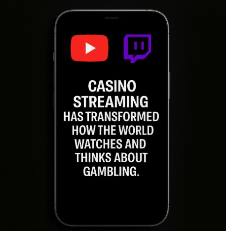 An image of a silver mobile phone on a black background, on the screen it outlines that CASINO STREAMING HAS TRANSFORMED HOW THE WORLD WATCHES AND THINKS ABOUT GAMBLING in bold white text