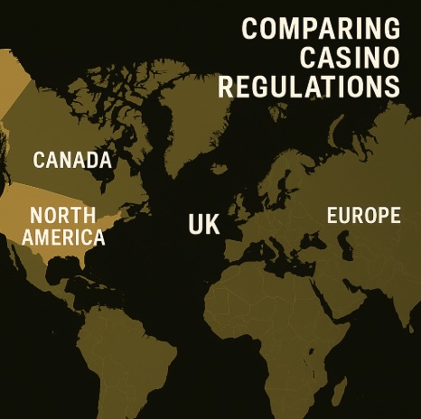 An image of a map on a black background highlighting NORTH AMERICA, CANADA, THE UK and EUROPE with blod white etxt saying COMPARING CASINO REGULATIONS