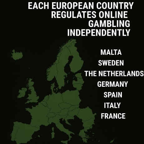 An image of a map of Europe with text relating to how each European country regulates online gambling independently