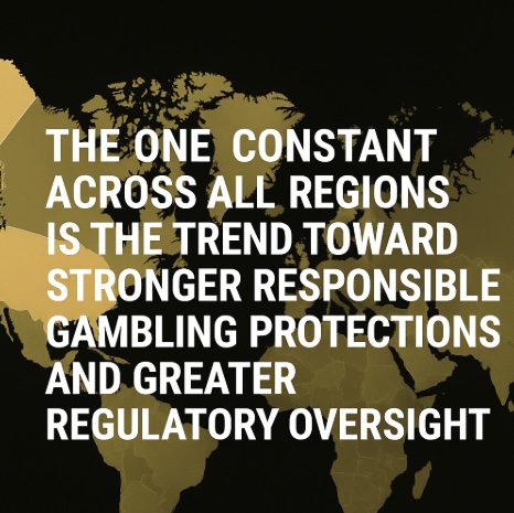 An image of a map on a black background with bold white text saying THE ONE CONSTANT ACROSS ALL REGIONS IS THE TREND TOWARD STRONGER RESPONSIBLE GAMBLING PROTECTIONS AND GREATER REGULATORY OVERSIGHT.