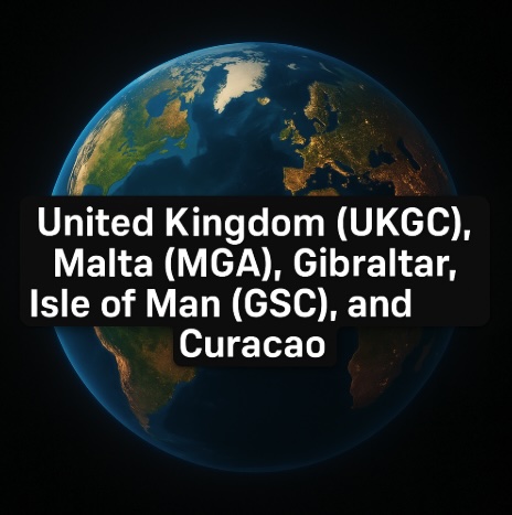 An image of the world on a black background with a banner across the centre listing the following UNITED KINGDOM, MALTA, GIBRALTAR, ISLE OF MAN and CURACAO