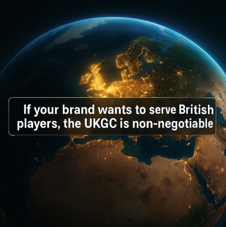 An image of the world on a black background highlighting the UK with a banner across the middle saying IF YOUR BRAND WANTS TO SERVE BRITISH PLAYERS, THE UKGC IS NON-NEGOTIABLE