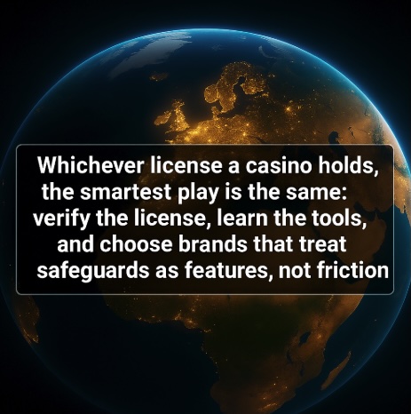 An image of the world on a black background, across the centre it outline that WHICHEVER LICENSE A CASINO HOLDS, THE SMARTEST PLAY IS THE SAME