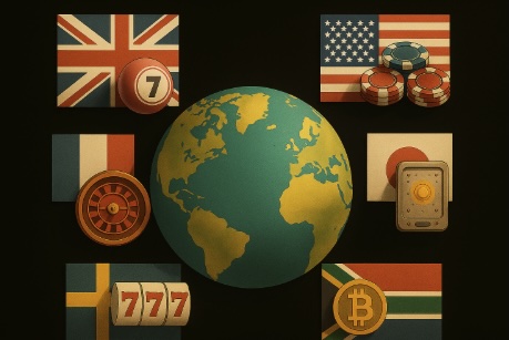 An image of the world and 6 country flags with casino game styles on them, on a black background