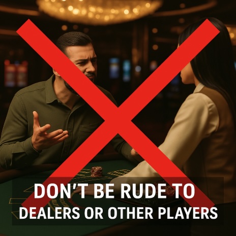 An image of a man sitting in a casino setting shouting at a live dealer with a red cross through the image and a banner saying DON'T BE RUDE TO DEALERS OR OTHER PLAYERS in bold white text