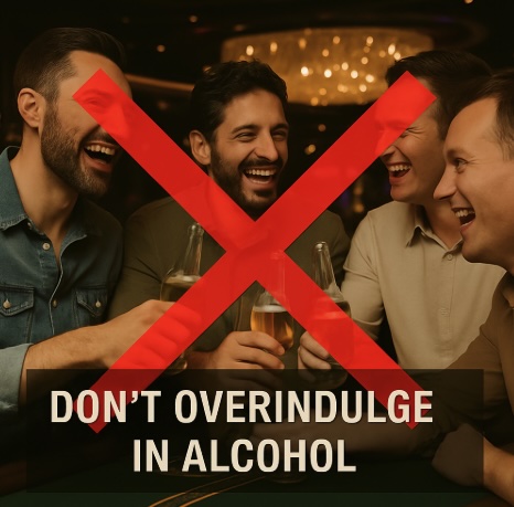 An image of a group of men enjoying themselves in a casino setting having a beer together, there is a big red cross through the image and a banner saying DON'T OVERINDULGE IN ALCOHOL