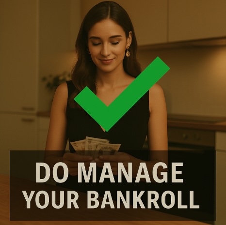 An image of a woman dressed nicely at home in her kitchen counting her money with a green tick and a banner saying DO MANAGE YOUR BANKROLL