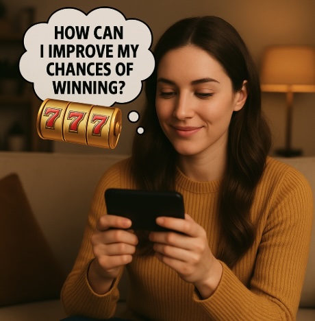 An image of a woman sitting in her lounge room on her sofa playing online slots with a bubble beside her head saying HOW CAN I IMPROVE MY CHANCES OF WINNING? in bold white text