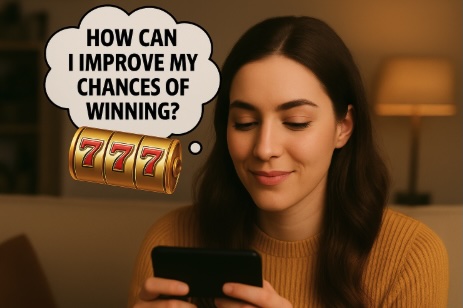 An image of a woman sitting in her lounge room on her sofa playing online slots with a bubble beside her head saying HOW CAN I IMPROVE MY CHANCES OF WINNING? in bold white text