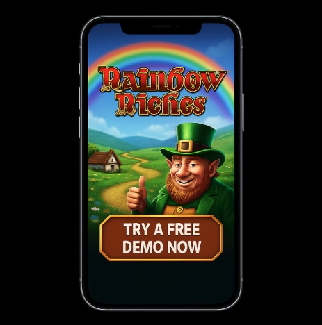 An image of a silver mobile on a black background, on the screen is an image similar to Rainbow Riches with text saying TRY A FREE DEMO NOW in bold white text