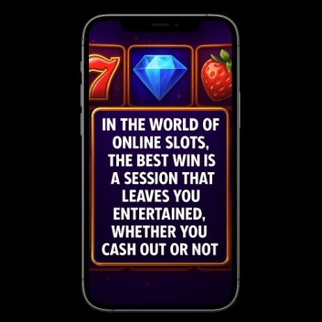 An image of a silver mobile phone on a black background, on the screen in the background is a slot reel with a text across the centre saying IN THE WORLD OF ONLINE SLOTS, THE BEST WIN IS A SESSION THAT LEAVES YOU ENTERTAINED, WHETHER YOU CASH OUT OR NOT in bold white text