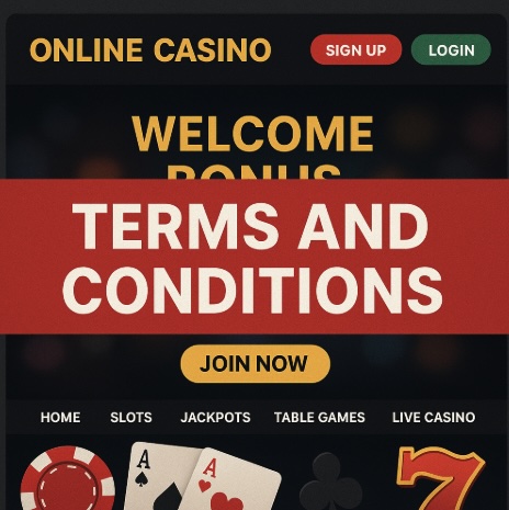An image of an online casino with a banner across the centre saying TERMS AND CONDITIONS in bold white text