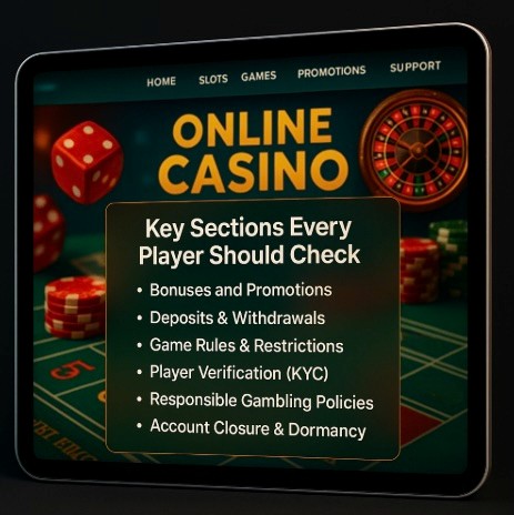 An image of a online casino on an ipad with white text outlining KEY SECTIONS EVERY PLAYER SHOULD CHECK in bold text
