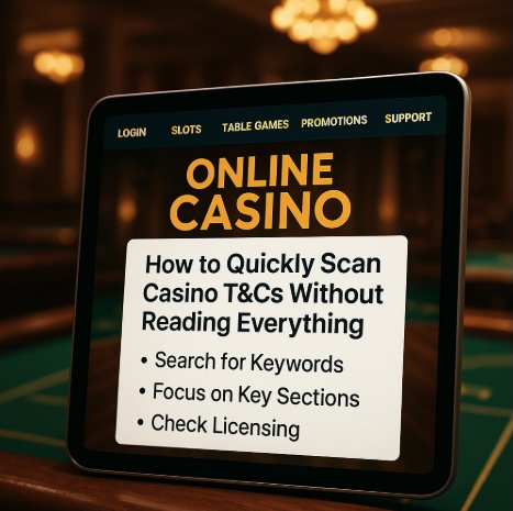 An image of an ipad on a games table in a casino setting, on the screen there is text relating to HOW TO QUICKLY SCAN CASINO T&CS WITHOUT READING EVERYTHING in bold white text