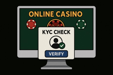 An image of a computer monitor on a black background, on the screen it says ONLINE CASINO with poker chips and a roulette wheel and in the centre it says KYC CHECK and VERIFY in bold text