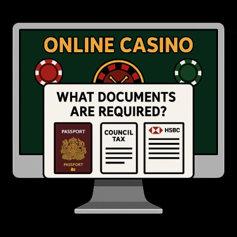 An image of a pc monitor on a black background, on the screen it has an online casino background and white, bold text saying WHAT DOCUMENTS ARE REQUIRED? with pictures of a british passport, council tax bill and HSBC bank statement 