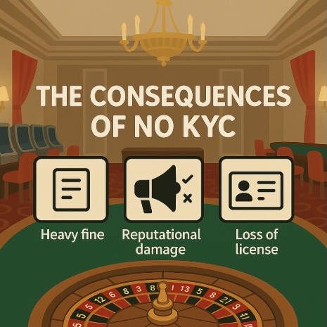 An image of a casino room setting with bold text saying THE CONSEQUENCES OF NO KYC with symbols for a HEAVY FINE, REPUTATIONAL DAMAGE and LOSS OF LICENSE