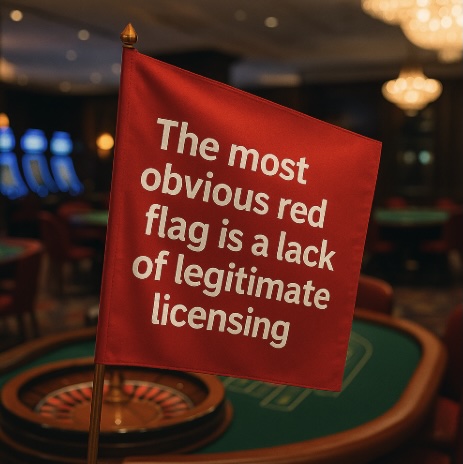 An image of a casino setting with a red flag in the middle outlining in bold white text THE MOST OBVIOUS RED FLAG IS A LACK OF LEGITIMATE LICENSING