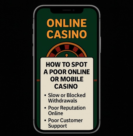 An image of a mobile phone on a black background, on the mobile in bold text it says HOW TO SPOT A POOR ONLINE OR MOBILE CASINO with three examples