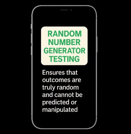 An image of a mobile phone on a black background, on the screen it says RANDOW NUMBER GENERATOR TESTING followed by text explaining what it is