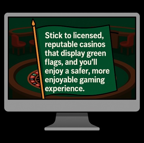 An image of a pc monitor on a black background, the background on the screen is a casino setting with a green flag in the centre with text saying STICK TO LICENSED, REPUTABLE CASINOS THAT DISPLAY GREEN FLAGS, AND YOU'LL ENJOY A SAFER, MORE ENJOYABLE GAMING EXPERIENCE in bold white text