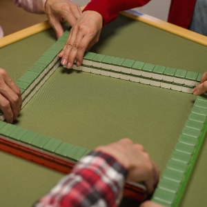A close up image of the wall built when playing Mahjong