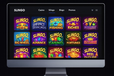 An image of a pc monitor on a black background, on the screen is a variety of slingo styles games to play online