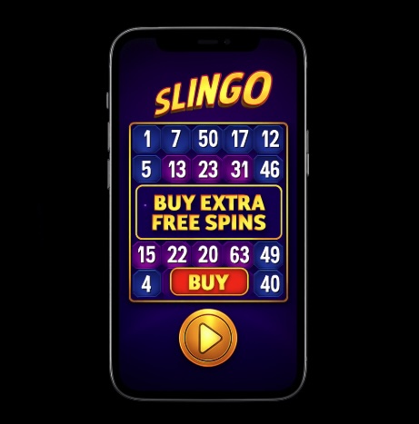 An image of a mobile phone on a black background, on the screen is a slongo games with the option to buy extra free spins