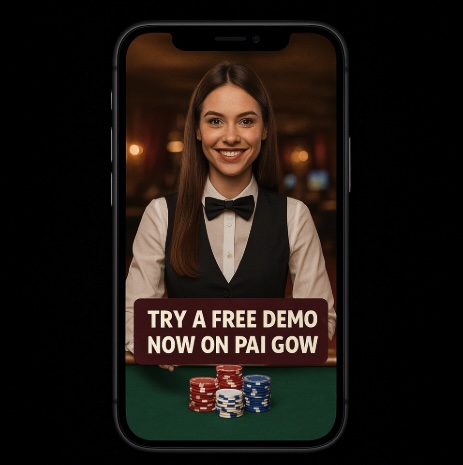 An image of a female croupier on a mobile phone screen at a poker table with a banner saying TRY A FREE DEMO NOW ON PAI GOW on a black background