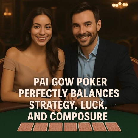 An image of a casino setting with a couple sitting at a live dealer table, in bold white text it says PAI GOW POKER PERFECTLY BALANCES STRATEGY, LUCK AND COMPOSURE