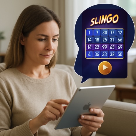 An image of a woiman sitting on the sofa playing Slingo on her ipad