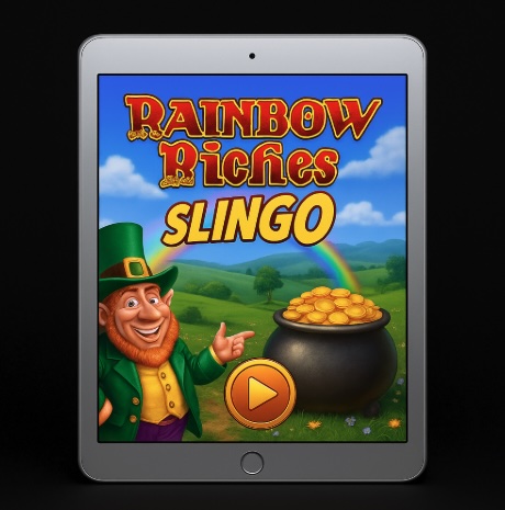 An image of a silver ipad on a black background, on the screen is a game similar to Rainbow Riches Slingo