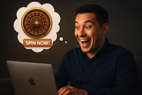 An image of a man sitting on his sofa playing online roulette on his laptop looking very happy