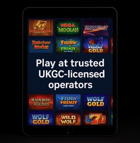 An image of an ipad on a black background, on the screen it shows a variety of online games with a banner across the centre saying PAY AT TRUSTED UKGC-LICENSED OPERATORS in bold white text