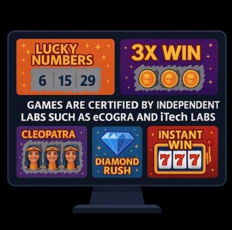 An image of a pc screen on a black background, on the screen is a variety of online scratch cards and instant win games plus white text saying GAMES ARE CERTIFIED BY INDEPENDENT LABS SUCH AS ECOGRA AND ITECH LABS