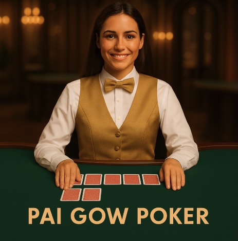 An image of a female croupier wearing a gold waistcoat sitting at a live dealer table with 2 rows of cards infront of her totalling 7 cards and bold text saying PAI GOW POKER in a casino setting