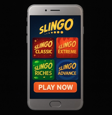 An image of a silver mobile on a black background, on the screen is a variety of slingo games to play